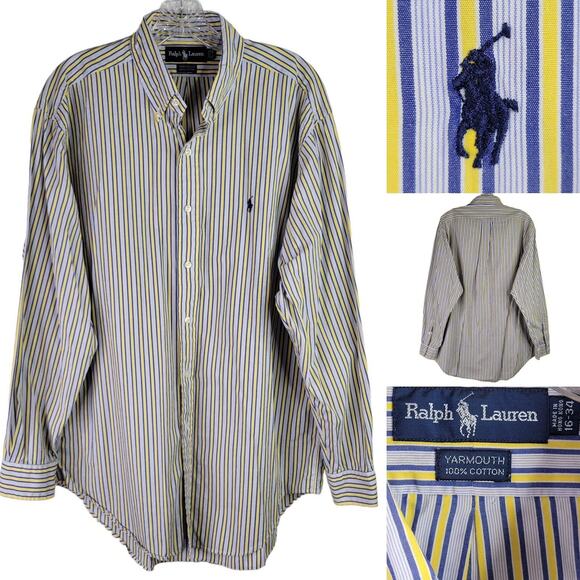 Polo Ralph Lauren Shirt Oxford Men's Large 16 Yellow Stripe Button Down Yarmouth - Picture 1 of 9